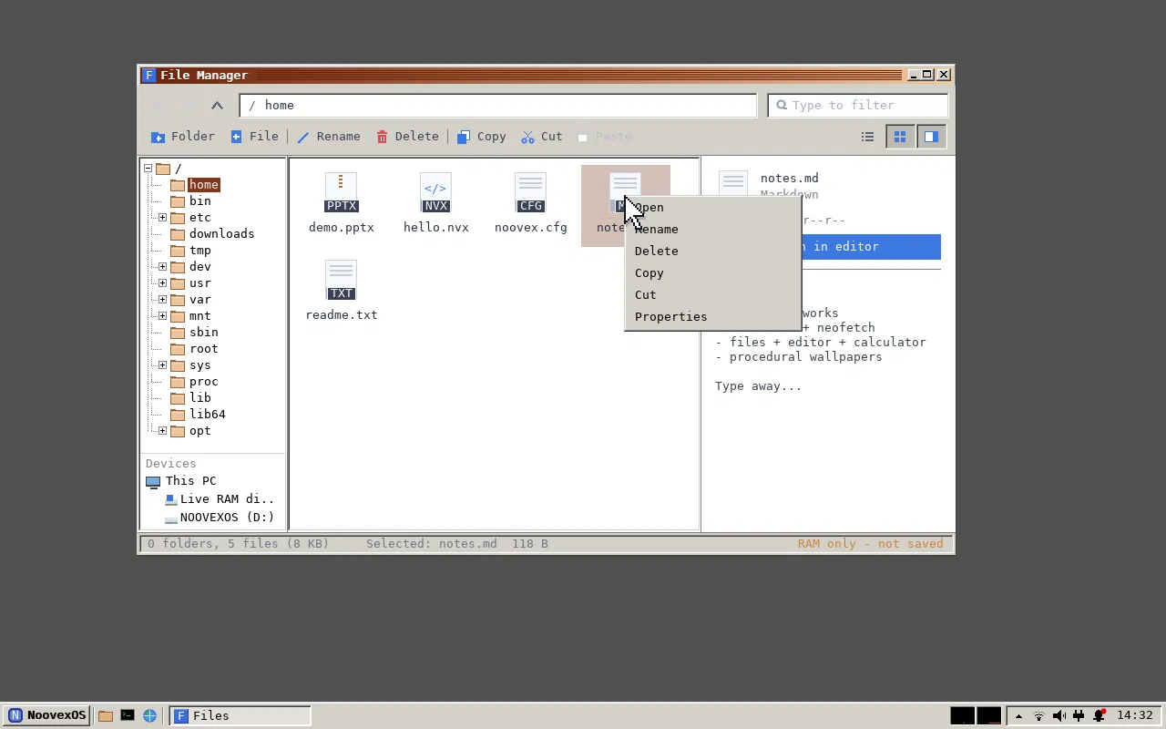 File Manager with the right-click menu and Properties