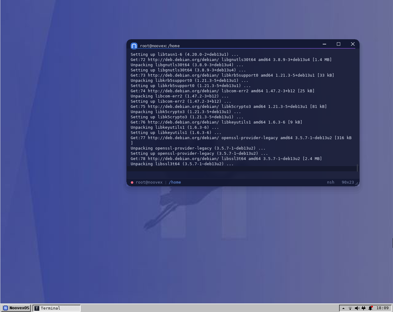 NoovexOS terminal downloading and unpacking dependencies during a Firefox ESR package installation